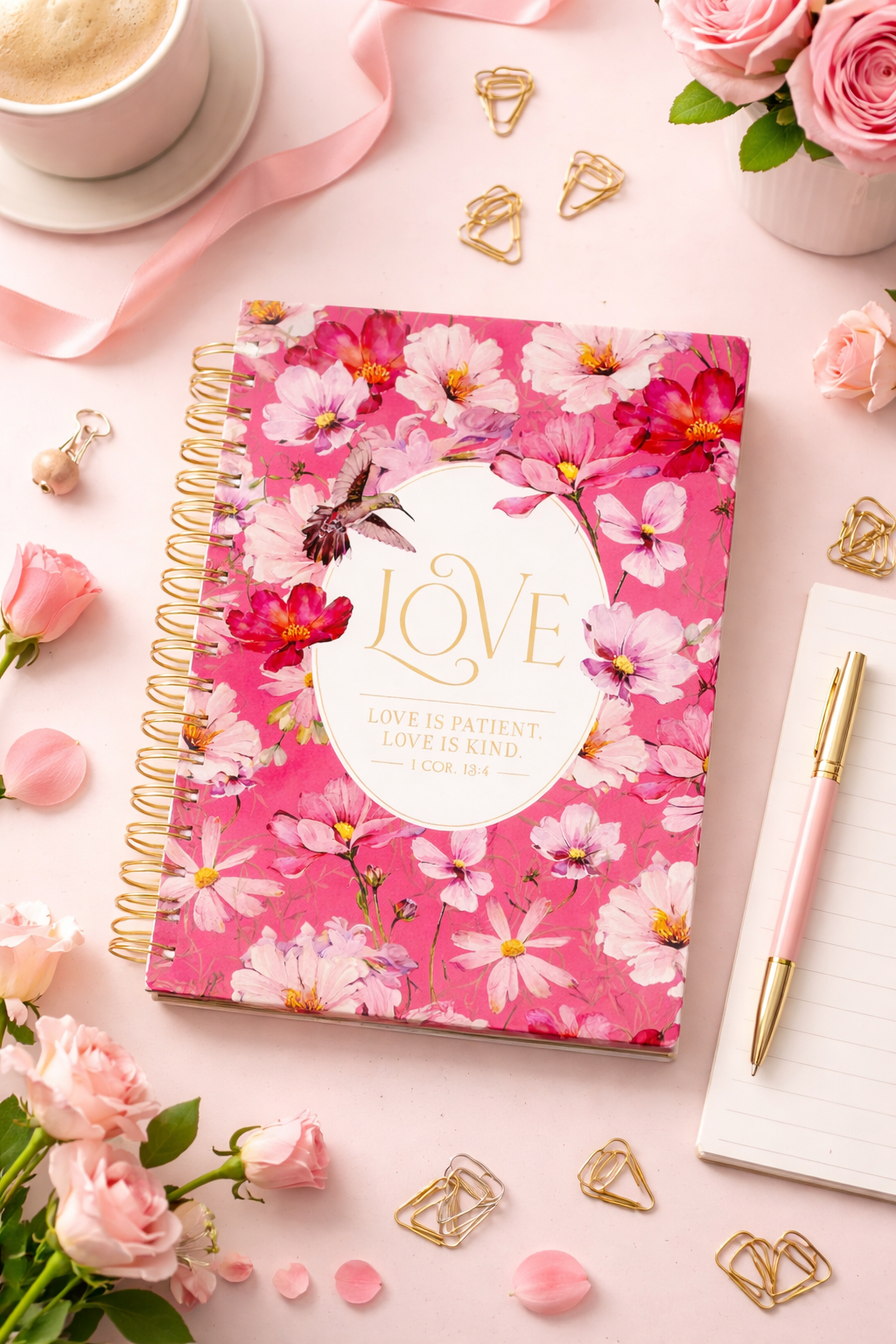 Love Cherry Pink Hummingbird Spiral Journal - 1 Corinthians 13:4