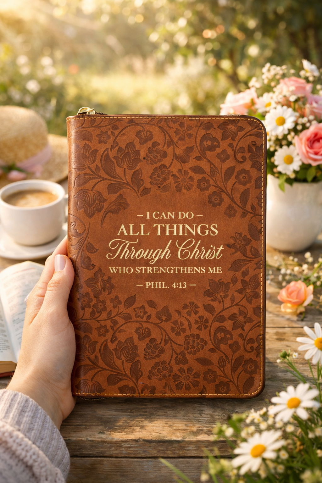 I Can Do All Things Through Christ Honey-brown Faux Leather Classic Journal with Zipper Closure - Philippians 4:13