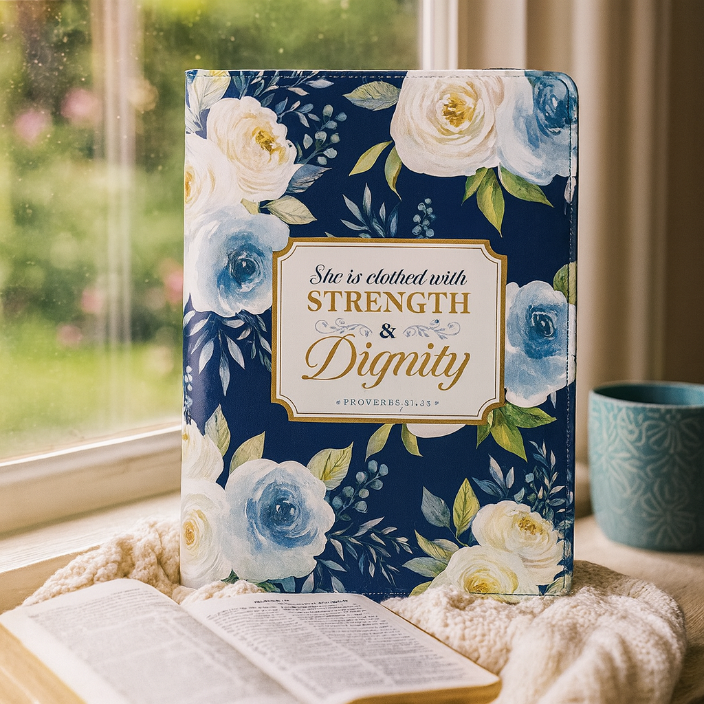 Strength and Dignity Indigo Rose Faux Leather Journal with Zipper Closure - Proverbs 31:25