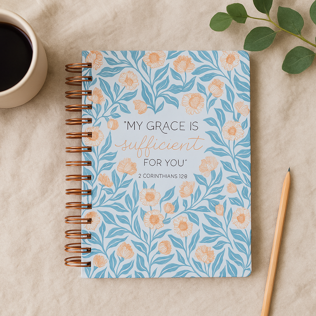 My Grace is Sufficient Teal Floral Large Wirebound Journal - 2 Corinthians 12:9