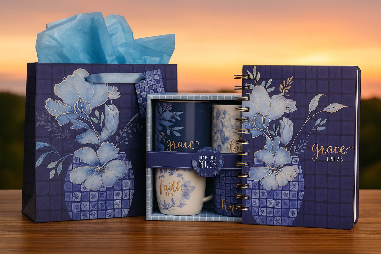 Grace Blue Floral Tile Large Landscape Gift Bag - Ephesians 2:8