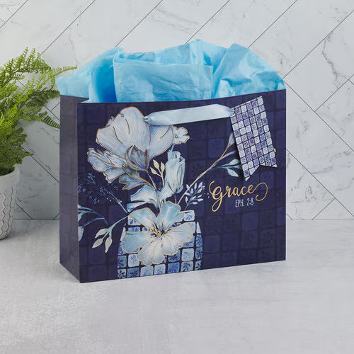 Grace Blue Floral Tile Large Landscape Gift Bag - Ephesians 2:8