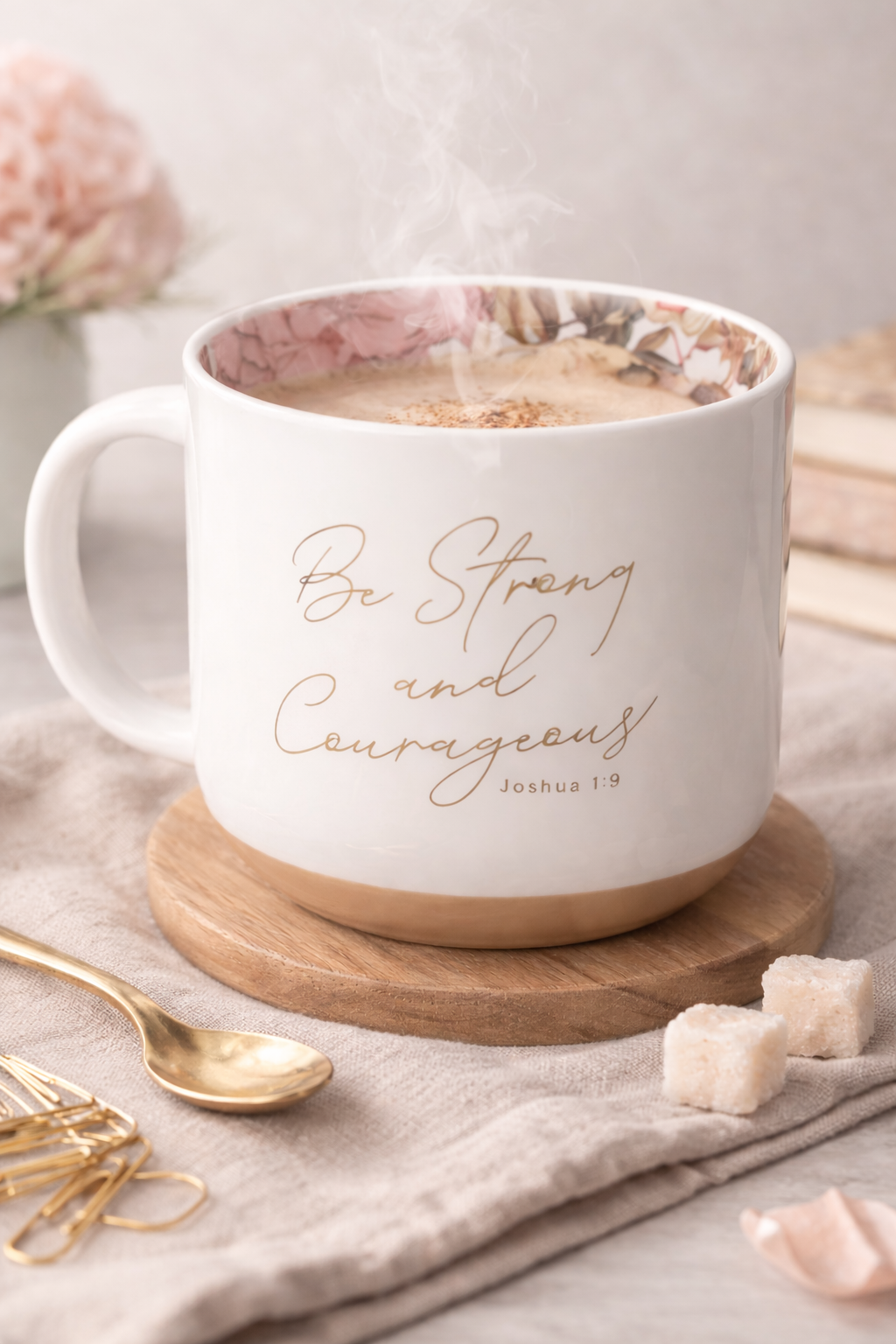 Be Strong and Courageous Pink Dahlia Ceramic Coffee Mug - Joshua 1:9