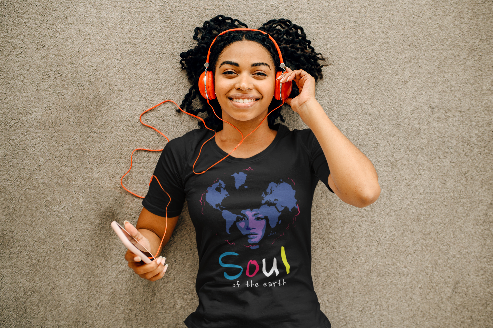 "Soul of The Earth" T-shirt design: A vibrant and intricate Afrocentric woman-style print adorning a 100% cotton T-shirt. The design features a beautiful portrayal of an African woman with intricate patterns and symbols, celebrating cultural heritage and embracing the soulful connection to the Earth."