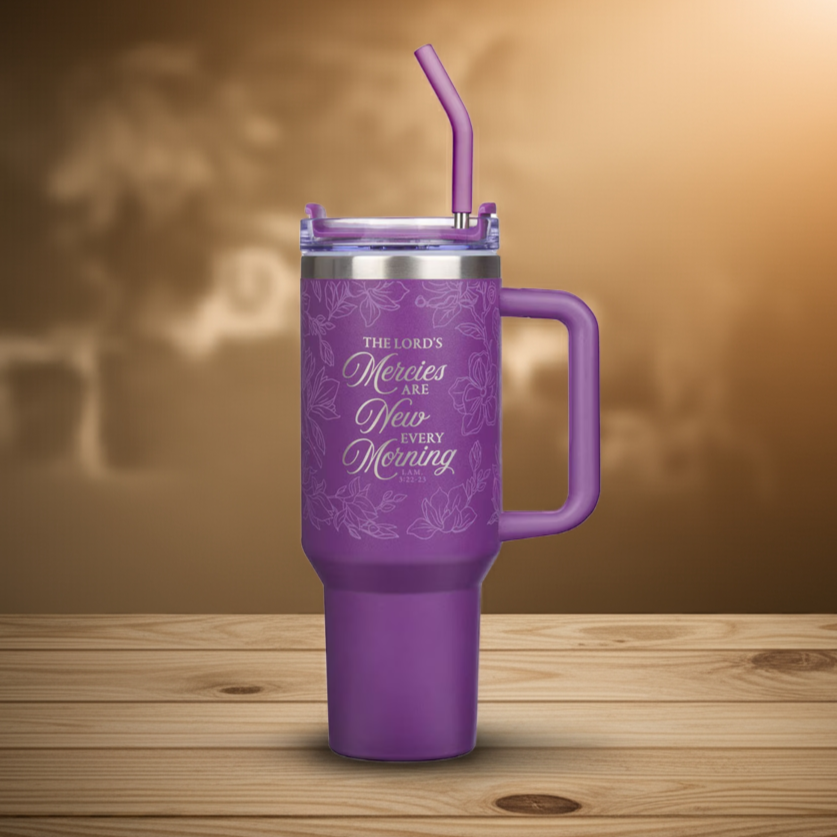 New Mercies Purple Floral 40 oz Stainless Steel Tumbler with Straw - Lamentations 3:22-23