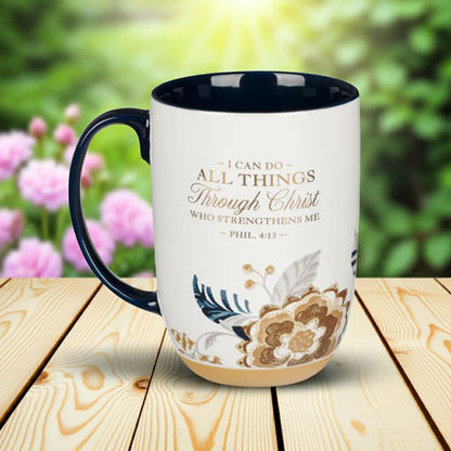 I Can Do All Things Honey-brown and Blue Ceramic Mug with Exposed Clay Base - Philippians 4:13