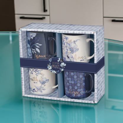 Blue Floral Tile Ceramic Mug Set