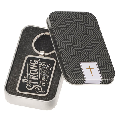 Be Strong &amp; Courageous Black Metal Key Ring in Gift Tin - Joshua 1:9
