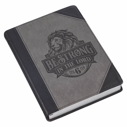 Be Strong in the Lord Black and Gray Lion Faux Leather Journal