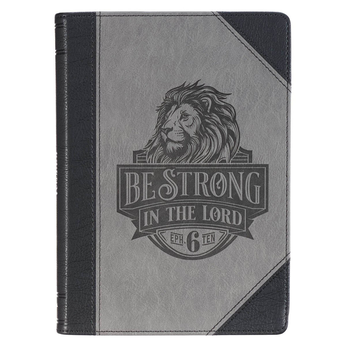 Be Strong in the Lord Black and Gray Lion Faux Leather Journal