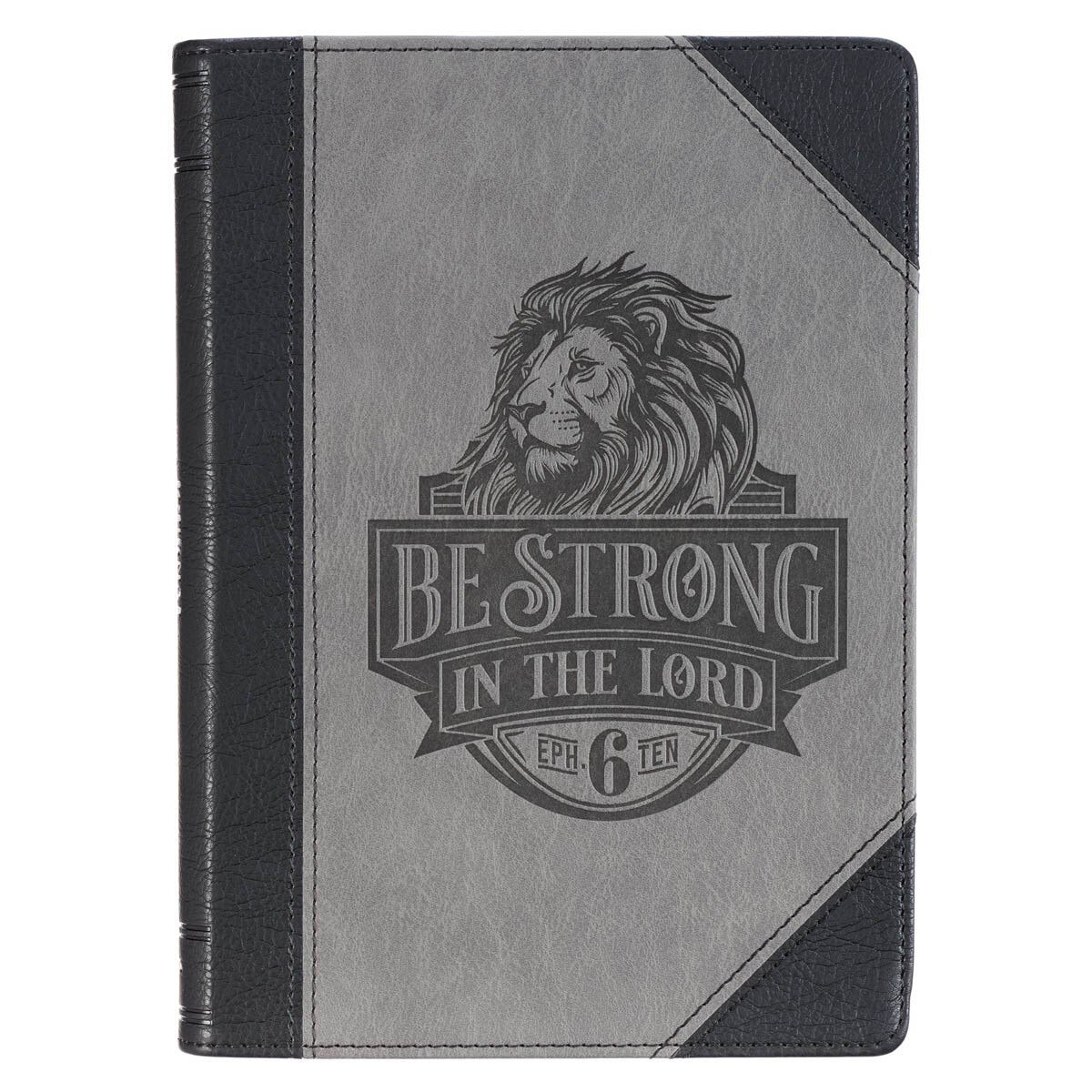 Be Strong in the Lord Black and Gray Lion Faux Leather Journal