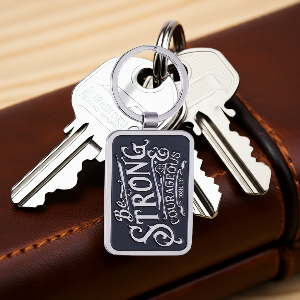 Be Strong &amp; Courageous Black Metal Key Ring in Gift Tin - Joshua 1:9