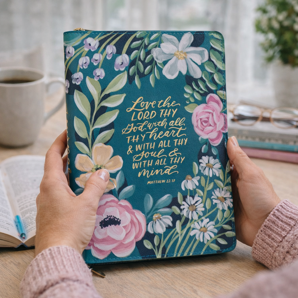 Love the Lord Teal Floral Faux Leather Journal with Zipper Closure - Matthew 22:37