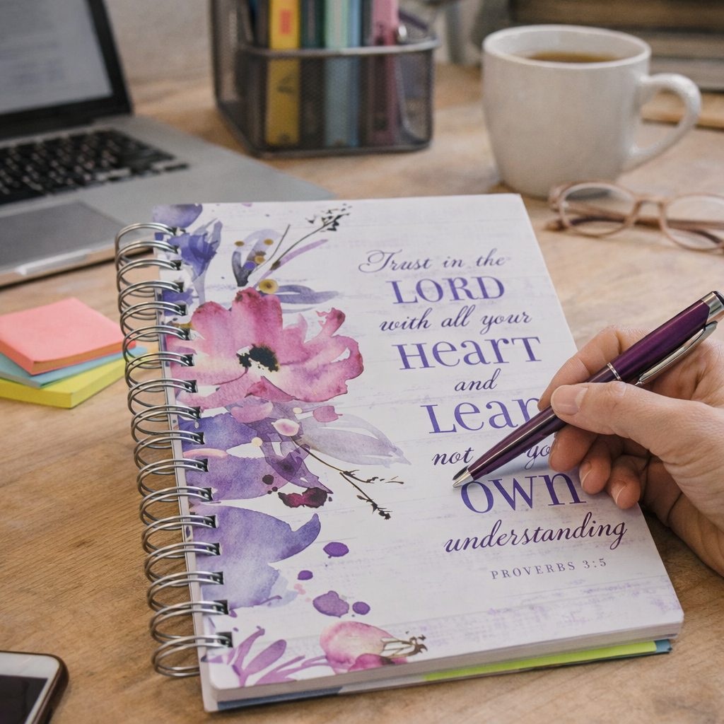 Trust in the Lord Purple Floral Garland Large Spiral Journal - Proverbs 3:5