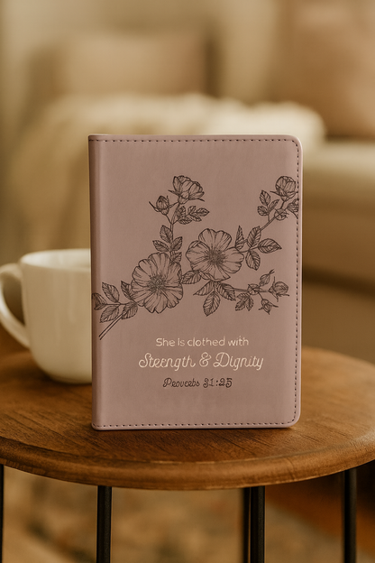 Strength and Dignity Taupe Faux Leather Journal – Proverbs 31:25