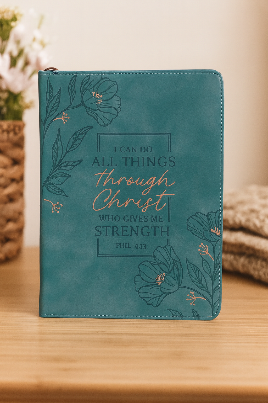 Through Christ Teal Faux Leather Journal with Zippered Closure - Philippians 4:13
