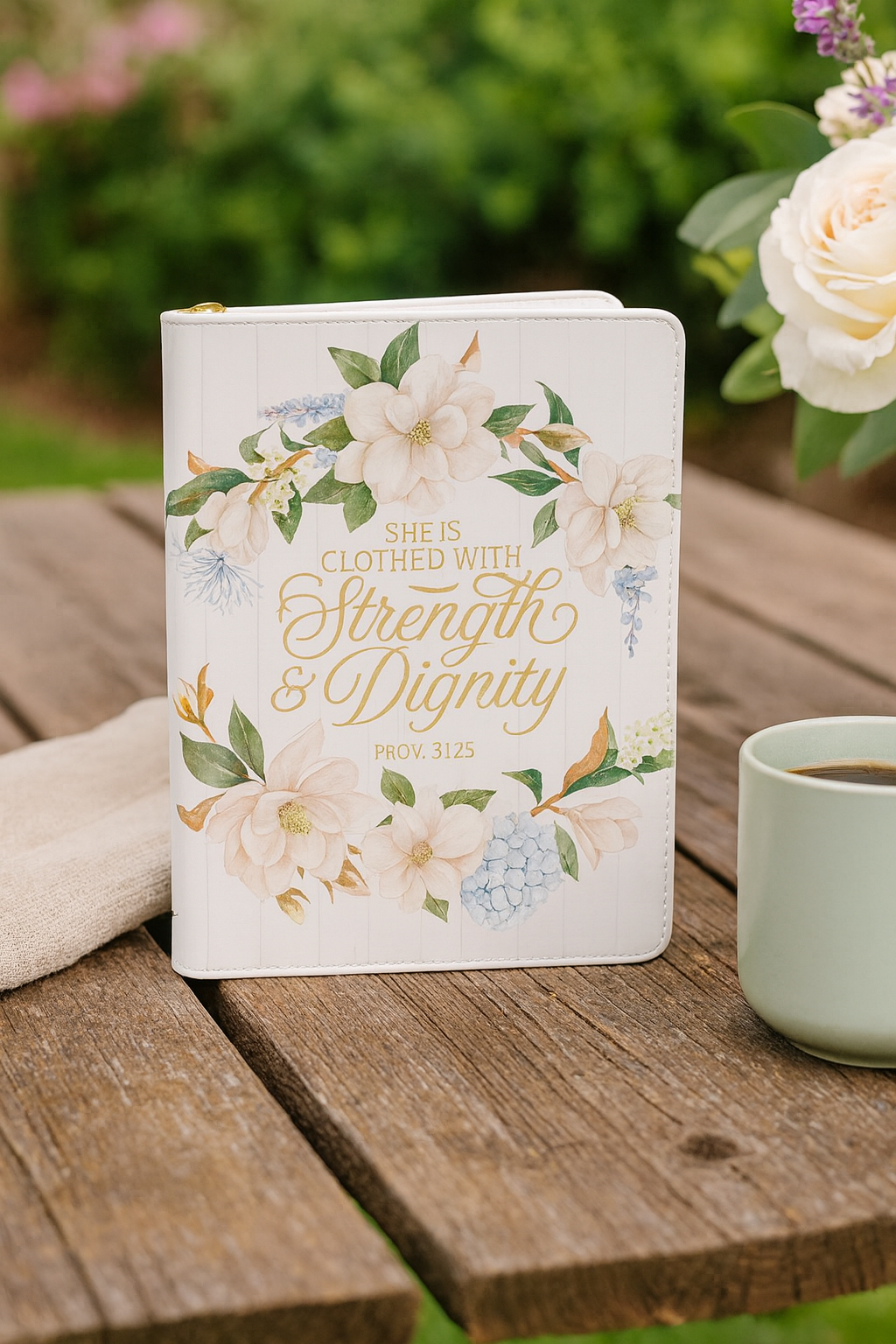 Strength and Dignity White Magnolia Faux Leather Journal - Proverbs 31:25