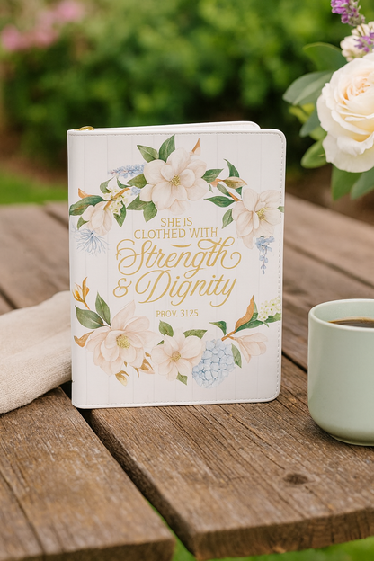 Strength and Dignity White Magnolia Faux Leather Journal - Proverbs 31:25
