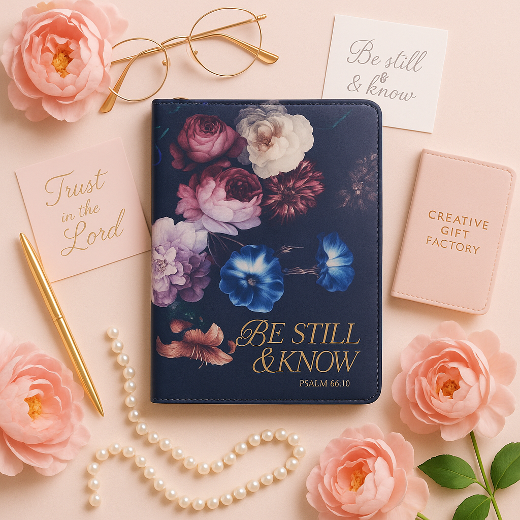 Be Still and Know Midnight Blue Floral Faux Leather Classic Journal with Zipper Closure - Psalm 46:10