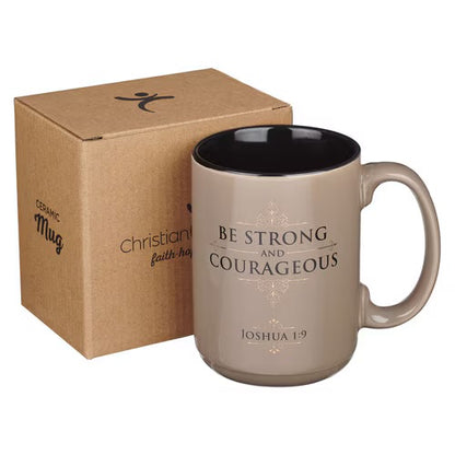Be Strong and Courageous Tan Ceramic Coffee Mug - 14oz Inspirational Christian Gift