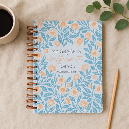 My Grace is Sufficient Teal Floral Large Wirebound Journal - 2 Corinthians 12:9