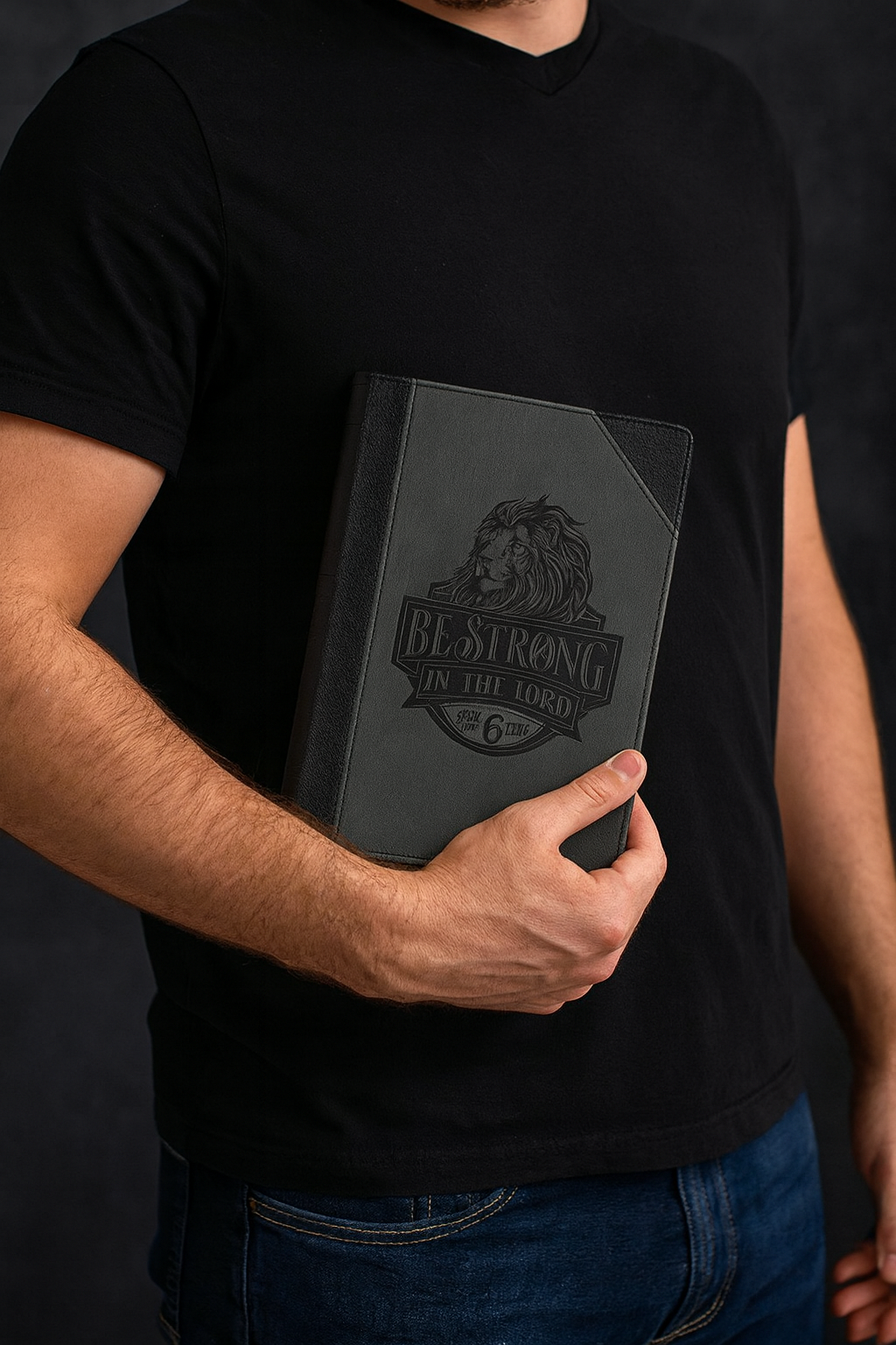 Be Strong in the Lord Black and Gray Lion Faux Leather Journal