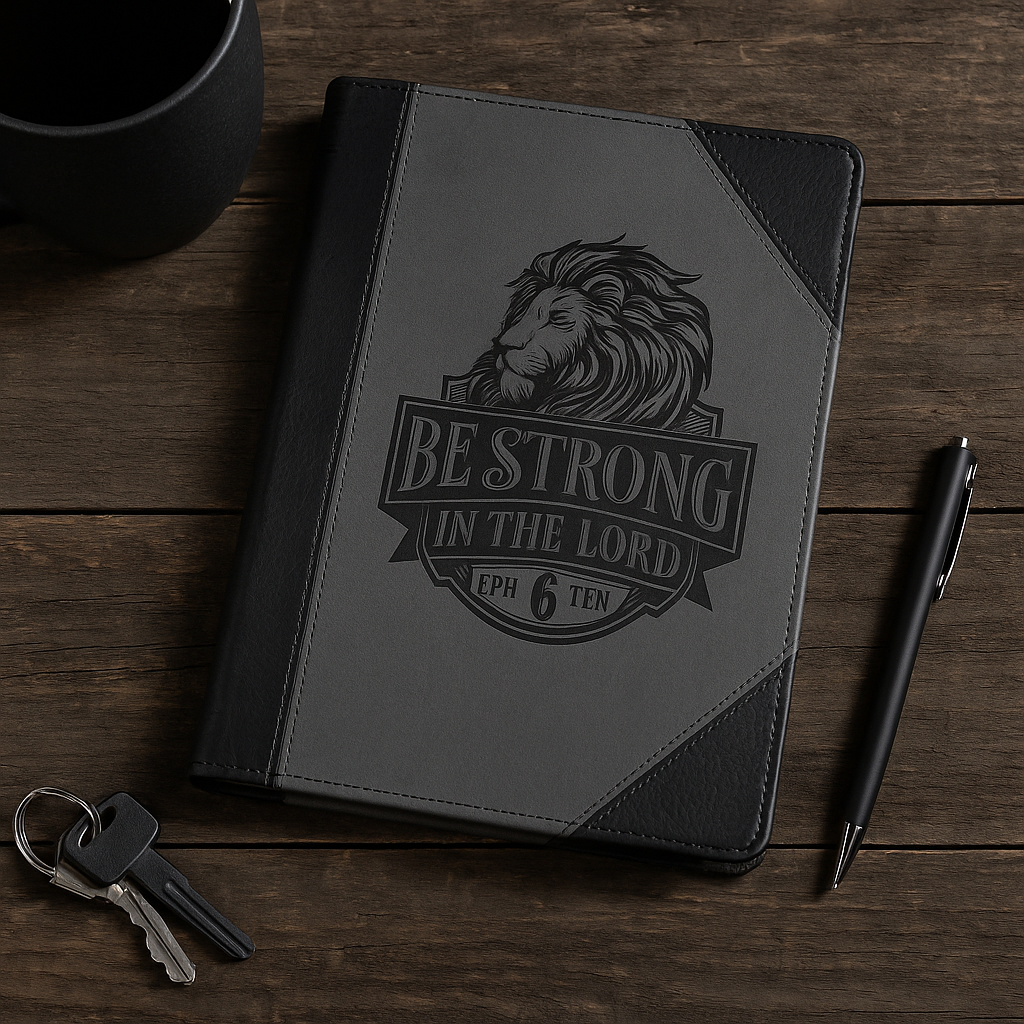 Be Strong in the Lord Black and Gray Lion Faux Leather Journal