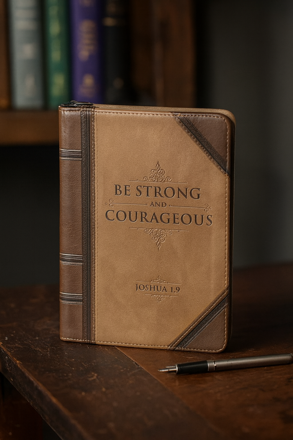 Strong and Courageous Walnut-Brown and Tan Faux Leather Journal with Zipper Closure