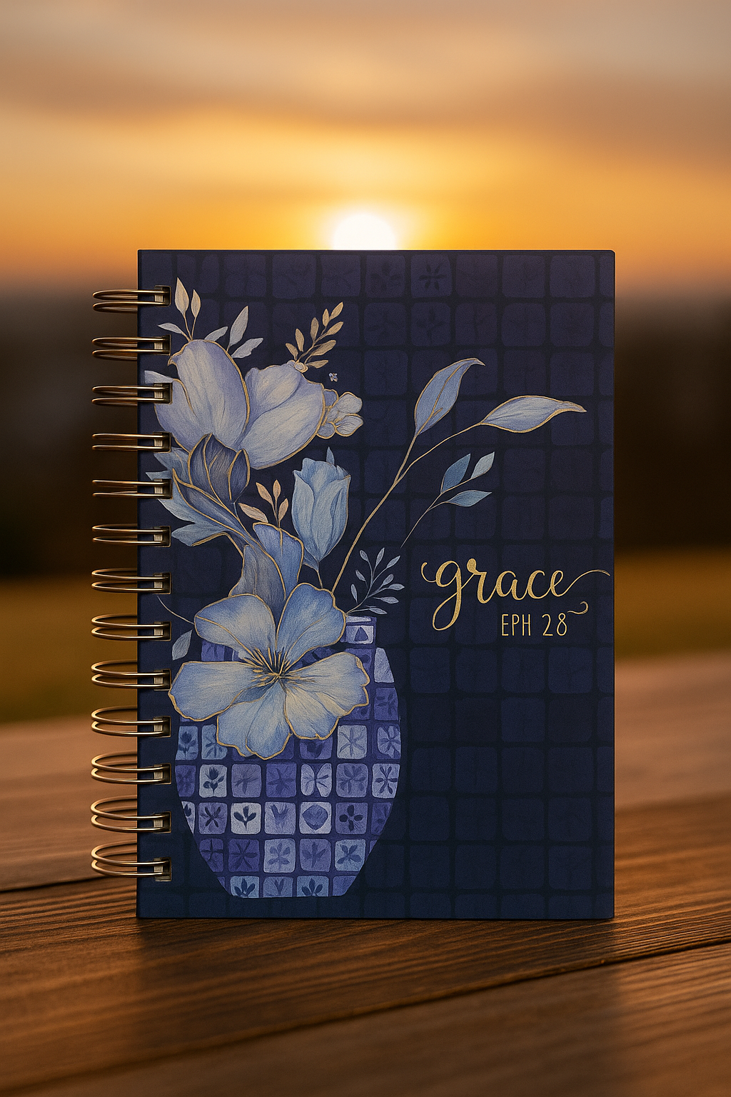 Grace Blue Floral Tile Spiral Journal - Ephesians 2:8