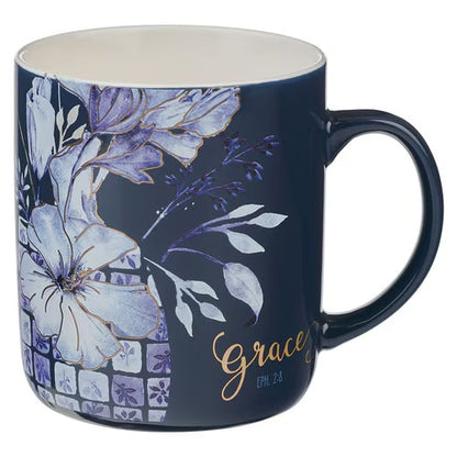 Blue Floral Tile Ceramic Mug Set