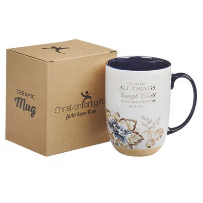 I Can Do All Things Honey-brown and Blue Ceramic Mug with Exposed Clay Base - Philippians 4:13