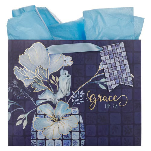 Grace Blue Floral Tile Large Landscape Gift Bag - Ephesians 2:8