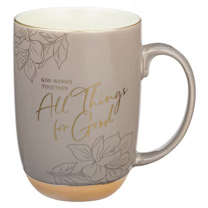 All Things for Good Taupe Ceramic Coffee Mug with Exposed Clay Base - Romans 8:28