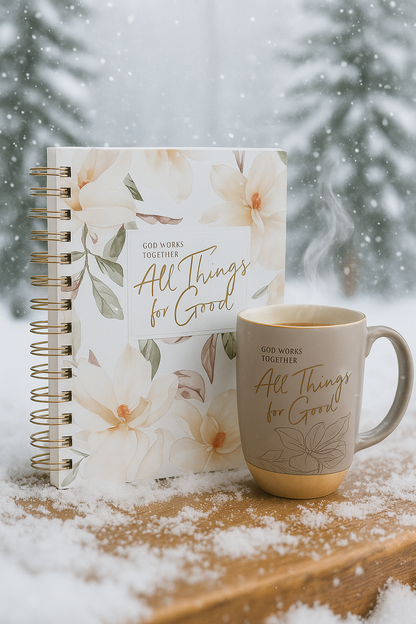 All Things for Good Taupe Ceramic Coffee Mug with Exposed Clay Base - Romans 8:28