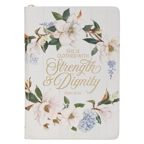 Strength and Dignity White Magnolia Faux Leather Journal - Proverbs 31:25