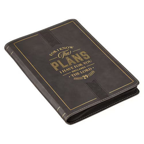 The Plans Charcoal Faux Leather Classic Journal with Zipper Closure - Jeremiah 29:11