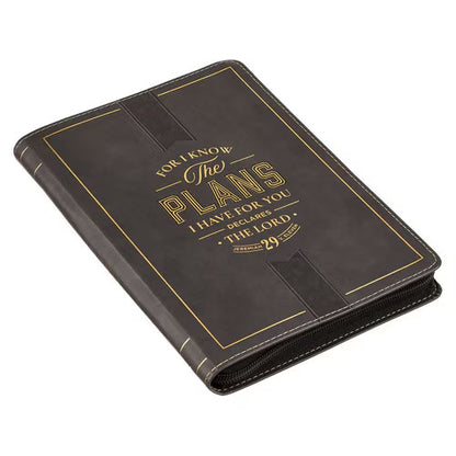The Plans Charcoal Faux Leather Classic Journal with Zipper Closure - Jeremiah 29:11