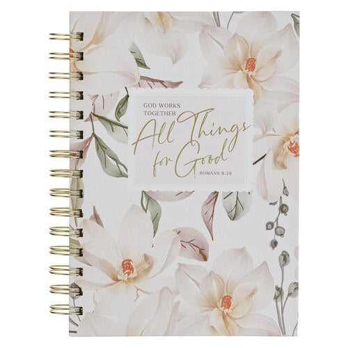 All Things for Good White Magnolia Spiral Journal - Romans 8:28