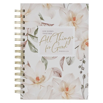 All Things for Good White Magnolia Spiral Journal - Romans 8:28