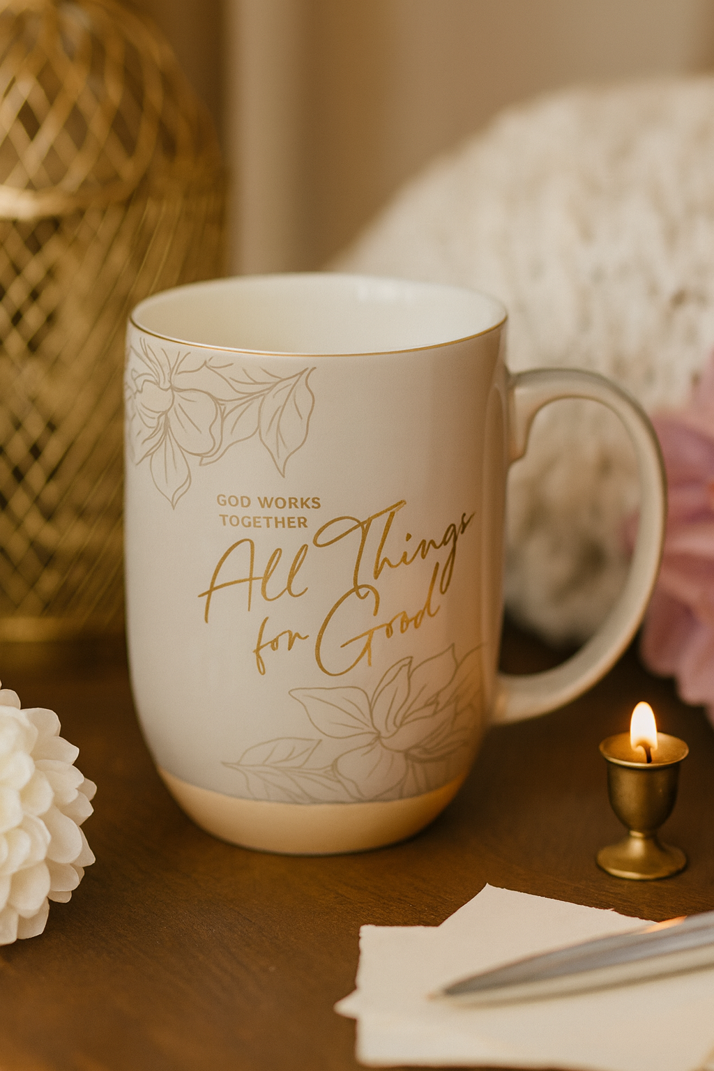 All Things for Good Taupe Ceramic Coffee Mug with Exposed Clay Base - Romans 8:28