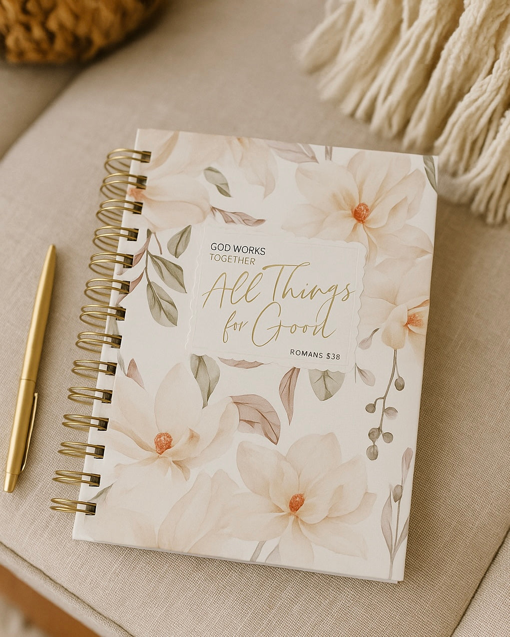 All Things for Good White Magnolia Spiral Journal - Romans 8:28