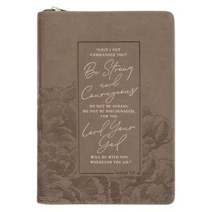 Be Strong and Courageous Ash-brown Faux Leather Journal with Zipper Closure - Joshua 1:9
