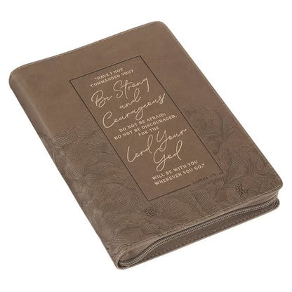 Be Strong and Courageous Ash-brown Faux Leather Journal with Zipper Closure - Joshua 1:9
