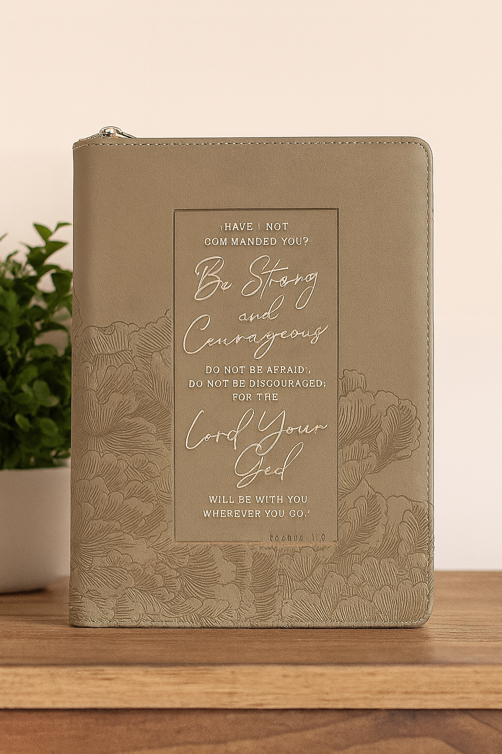 Be Strong and Courageous Ash-brown Faux Leather Journal with Zipper Closure - Joshua 1:9