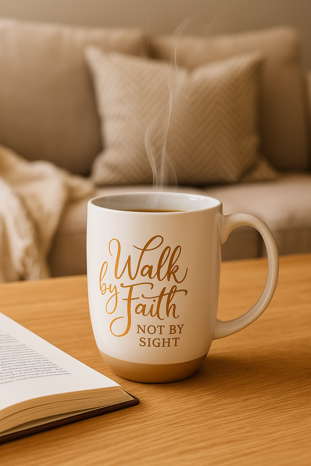 Walk By Faith White Ceramic Coffee Mug with Exposed Clay Base - 2 Corinthians 5:7