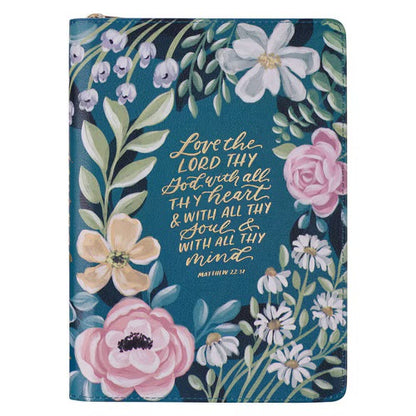 Love the Lord Teal Floral Faux Leather Journal with Zipper Closure - Matthew 22:37