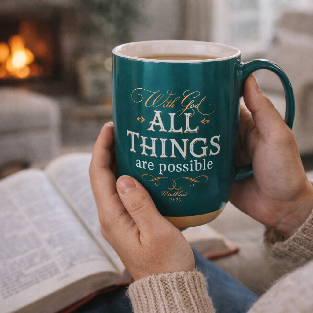 All Things are Possible Green Ceramic Coffee Mug with Exposed Clay Base - Matthew 19:26