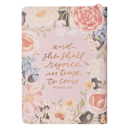 Strength and Honor Pink Floral Faux Leather Classic Journal with Zipper Closure - Proverbs 31:25