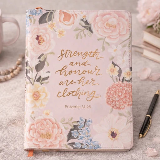 Strength and Honor Pink Floral Faux Leather Classic Journal with Zipper Closure - Proverbs 31:25