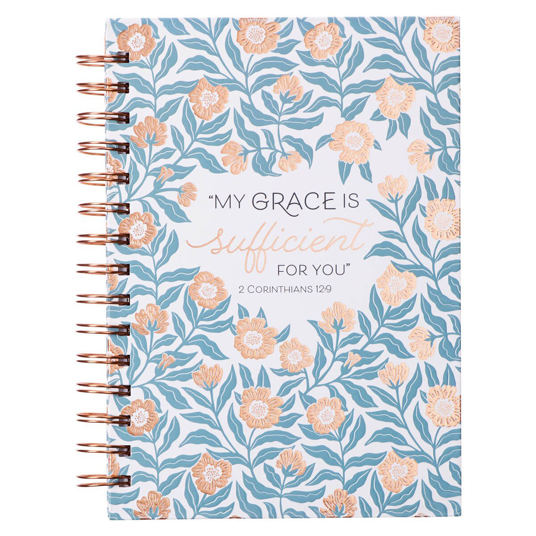 My Grace is Sufficient Teal Floral Large Wirebound Journal - 2 Corinthians 12:9